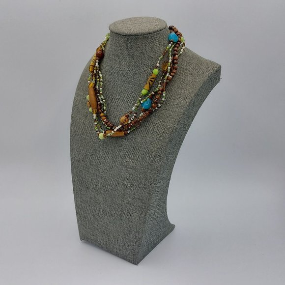 Multi Strand Necklace Colorful Green Brown Wood Glass Plastic Beaded Beads Boho - Picture 2 of 9